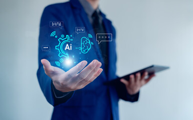 Ai technology, Businessman show technology smart robot AI, artificial intelligence deep learning,...