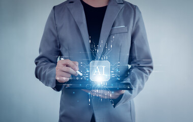 Ai technology, Businessman show technology smart robot AI, artificial intelligence deep learning,...
