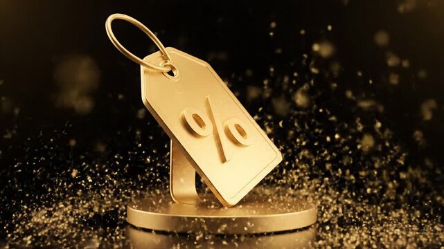 A golden supermarket trolley rotates on a round podium and turns into a tag with the inscription % sign, meaning discounts, sales