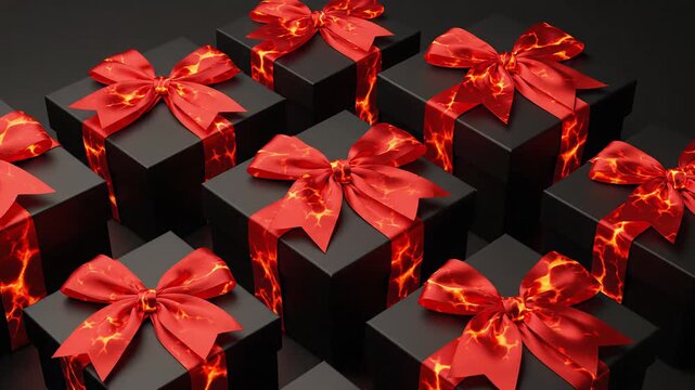 Black gift boxes with bright red satin bows that shimmer like lava. The boxes are laid out using the "knolling" technique.
