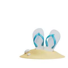 Fototapeta premium 3d rendered illustration of white flip flops with blue straps on a small sandy mound isolated on transparent background