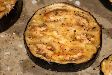 Close up of roasted grilled aubergine plant eggplant home made ready to eat