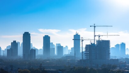 City skyline with construction cranes