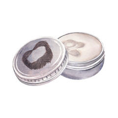 Beard twist-up metal wax tin. Hand-painted watercolor illustration of man cosmetic container with wax isolated on white background. Ideal for grooming, barbershop branding, cosmetic products design.
