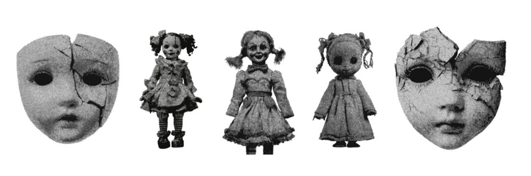 Set of halloween creepy haunted doll halftone grunge vector design elements