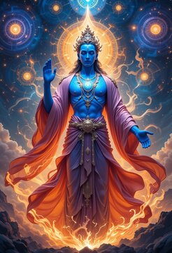 An ethereal blue-skinned deity, possibly Vishnu, stands majestically in a cosmic space, emanating divine light with fire below and celestial orbs above.