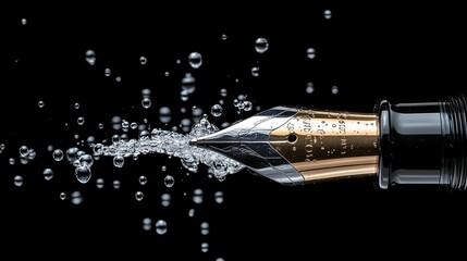 Fountain pen nib erupts with water droplets