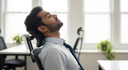 Young Indian businessman taking a moment for stress relief, relaxing with eyes closed in a comfortable ergonomic chair during a break in a modern office