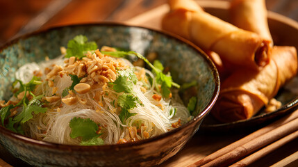 A refreshing and zesty glass noodle salad topped with crushed peanuts and cilantro, with spring rolls and chopsticks blurred in the background.