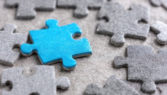 A single vibrant blue jigsaw puzzle piece stands out amidst a collection of grey pieces - Powered by Adobe