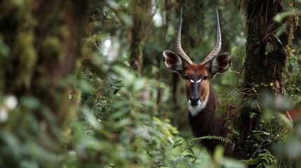 A shy bongo antelope stands alert amidst dense foliage in its natural habitat looking at the camera