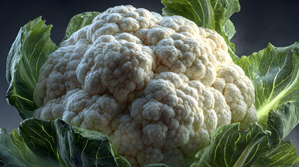 A close-up, realistic 3D rendering of a magnificent, pristine cauliflower head is surrounded by large, detailed green leaves on a dark
