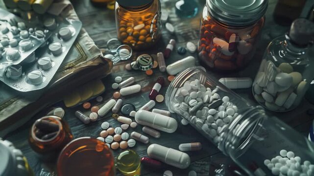 A table filled with different types of pills for various medications, a straightforward and informative image