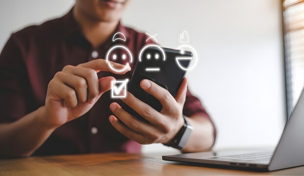 Client Experience: A person interacts with a phone, represented by an abstract visualization of different customer feedback metrics, highlighting satisfaction in the modern era.