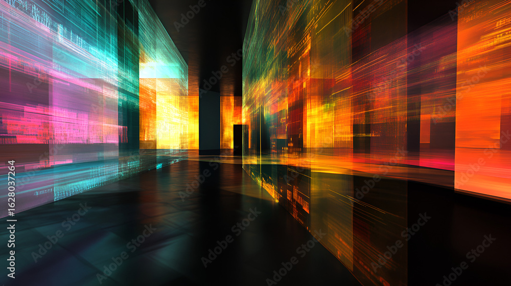 Poster abstract arrangement of translucent colored blocks with blurred horizontal lines and dark vertical d
