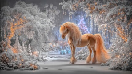 Golden Horse in Winter Forest with Lights