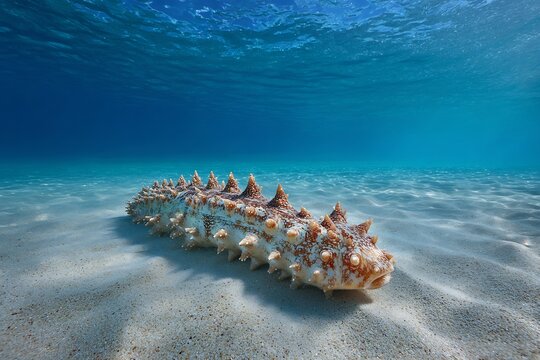 Sea cucumber resting on sandy seabed under clear blue ocean water in natural environment underwater scene