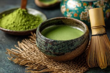 Matcha tea ceremony, green powder, traditional utensils