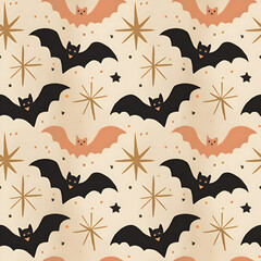 Creative bat and star pattern design celebrating Halloween spirit and autumn festivities. Seamless paper. Generative AI