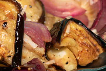 Close up of roasted grilled aubergine plant eggplant home made ready to eat