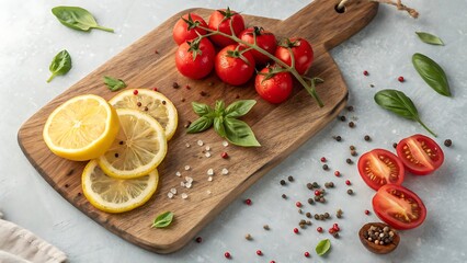 Fresh ingredients for a healthy meal preparation ripe cherry tomatoes sliced lemon and basil leaves on a wooden cutting board with spices