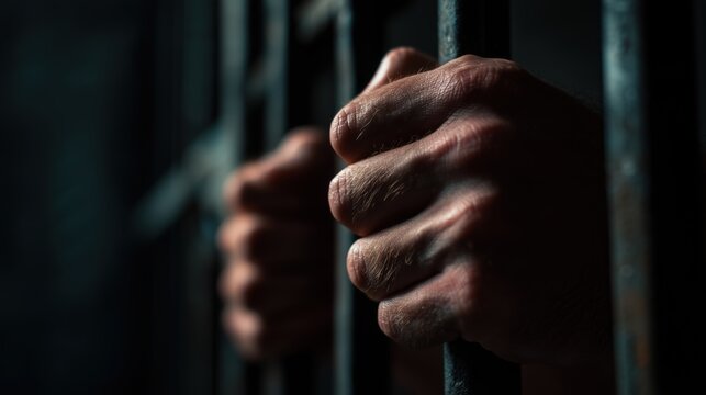 Hands Gripping Prison Bars in Dark Cell &mdash; Concept of Imprisonment, Justice, Crime and Punishment