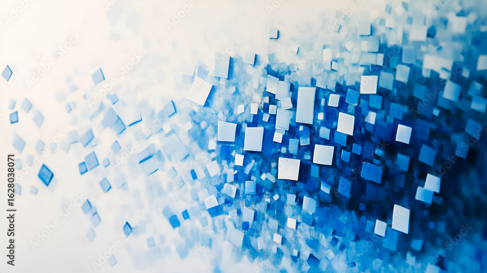 Poster an abstract arrangement of blue squares floating and dissolving into white space