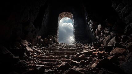 Dark, stone tunnel with a light-filled arched exit at the end, revealing a partly cloudy sky; a rubble-strewn stairway leads towards it