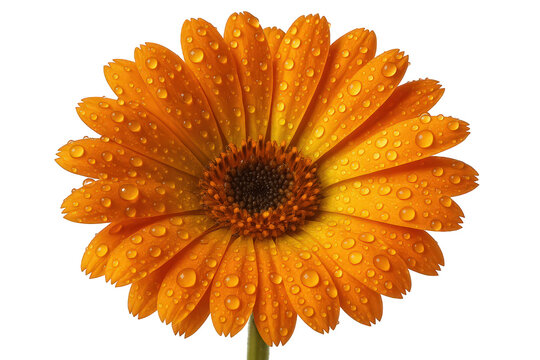Vibrant Orange Daisy Flower Covered in Dew Drops, Showcasing Delicate Petals and Detailed Center