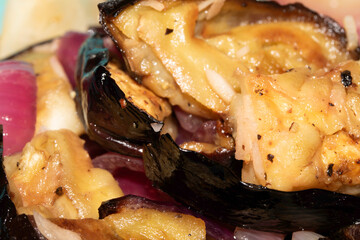 Close up of roasted grilled aubergine plant eggplant home made ready to eat