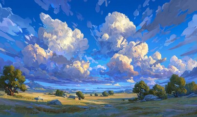 Paesaggio animato al tramonto con cielo dorato e nuvole soffici