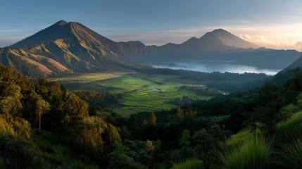 Fototapeta premium Panoramic view of Mount Batur and green valley at sunrise in Bali, Indonesia