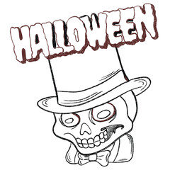 Skull in top hat and bow tie with Halloween text, black and white spooky skeleton drawing for eerie party design, creepy decoration, and festive art