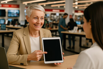 Product Showcase: A sales associate enthusiastically presents a tablet to a potential client.