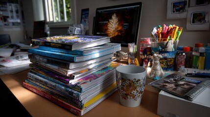 Textbooks at home study desk