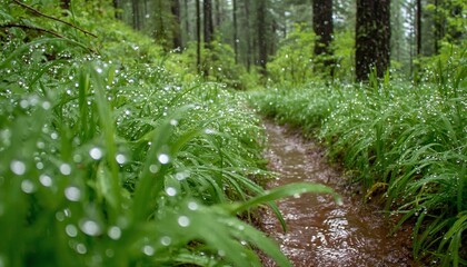 Sentiero boschivo dopo la pioggia, luce soffusa