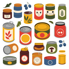 Assorted canned goods and jars with playful cartoon faces and nature motifs canned food