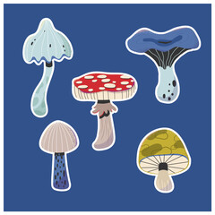 Forest mushroom sticker set. Bright trippy forest mushrooms. Vegetarian natural seasonal food. Vector illustration