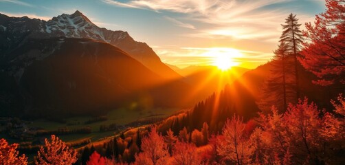 Golden sunrise paints Swiss Alps, autumn foliage ablaze, october, november