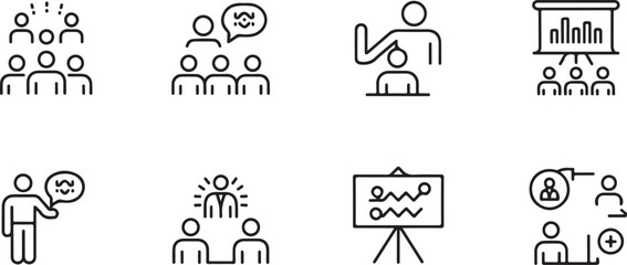 Professional Workshop Outline Icon Set &ndash; Team Building, Meeting, Coaching, Training, and Presentation Vectors