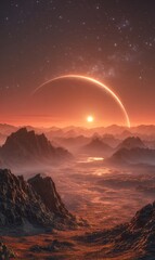 Tramonto alieno su un mondo cremisi