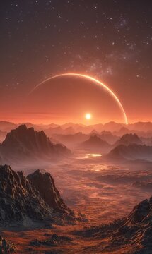 Tramonto alieno su un mondo cremisi