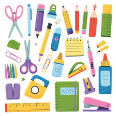 Assortment of colorful school and office supplies scattered on a white background scissors pencil