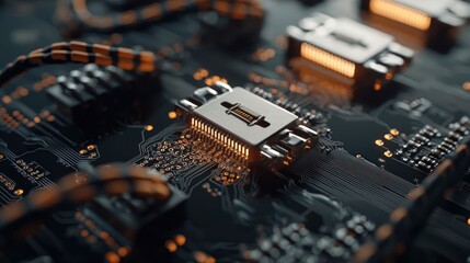Close-up of a circuit board showcasing a central processor chip with connecting wires and glowing components, emphasizing intricate technological detail and connectivity