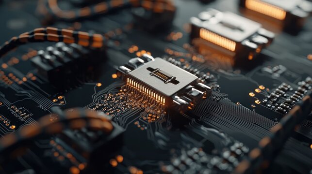 Close-up of a circuit board showcasing a central processor chip with connecting wires and glowing components, emphasizing intricate technological detail and connectivity - Powered by Adobe