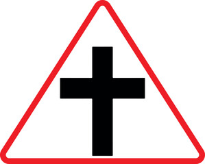 Crossroad traffic sign icon. Road intersection symbol with four-way junction indicating traffic convergence point, black and white vector
