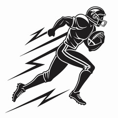  Create a black vector image of a dynamic American football player mid-sprint, helmet on, ball in one hand, emphasizing muscular form, energy lines trailing behind.
