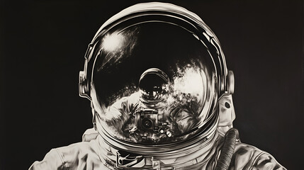 Monochrome astronaut reflected cosmos in visor space suit camera