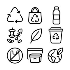 Simple Black and White Icons Representing Recycling Waste and Environmental Protection.