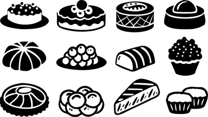 Collection of twelve different black and white dessert icons including cakes, cupcakes, and other sweets